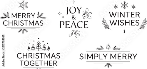 Merry Christmas Typography Badge Set with Winter Wishes, Joy and Peace, and Christmas Trees Line Art Vector Illustration