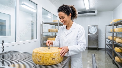 Cheese maker inspecting artisan wheel in dairy facility