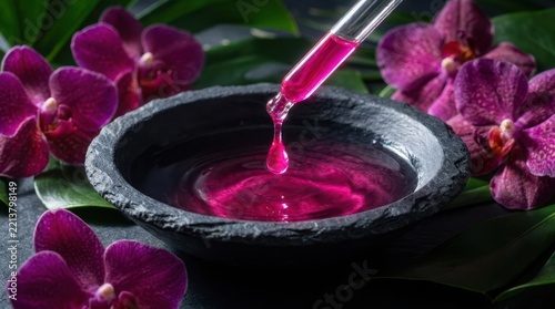 Pink botanical elixir in stone bowl with orchid flowers