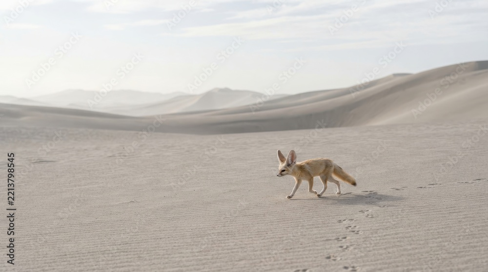Fototapeta premium A fennec fox walking across the vast and empty sand dunes of the Sahara desert landscape