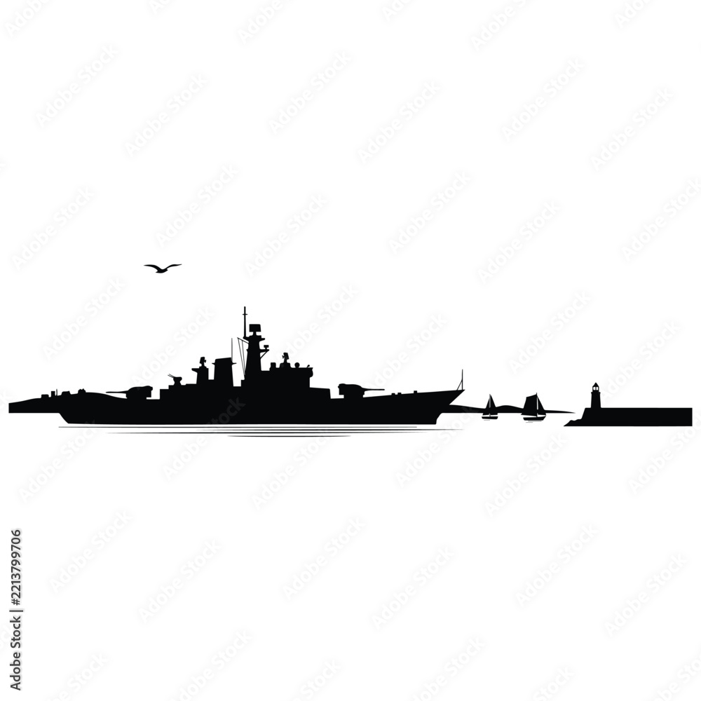 Fototapeta premium Military warship silhouette sailing near harbor lighthouse and small sailboats on horizon.