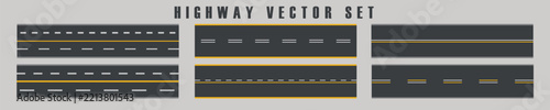 Top view straight asphalt road with a dashed line. Seamless asphalt road template. Straight asphalt road graphic with white dashed line markings, highway street lane for transport. 