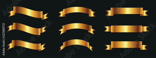set of gold ribbons, golden ribbon set. Flat ribbon banners and flag labels for sale promotion isolated on black background