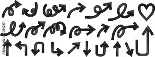 Various bold brush-drawn curved arrows. Collection of doodle marker thick arrows. 