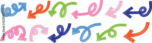 Set of colorful bold curved lines and hand drawn wavy doodle squiggles isolated on white background