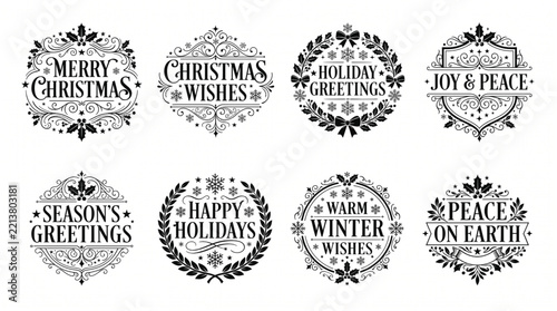 Vintage Merry Christmas Badge Set with Holiday Greetings, Seasons Greetings, and Ornamental Frame Vector Illustration