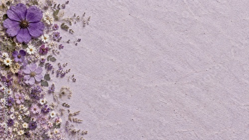Dried purple flower border on lavender handmade paper for elegant card backdrops.
