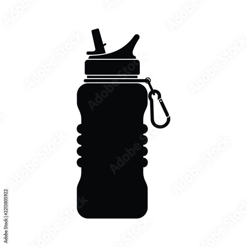 Sports Water Bottle with Carabiner Silhouette Black Vector Icon
