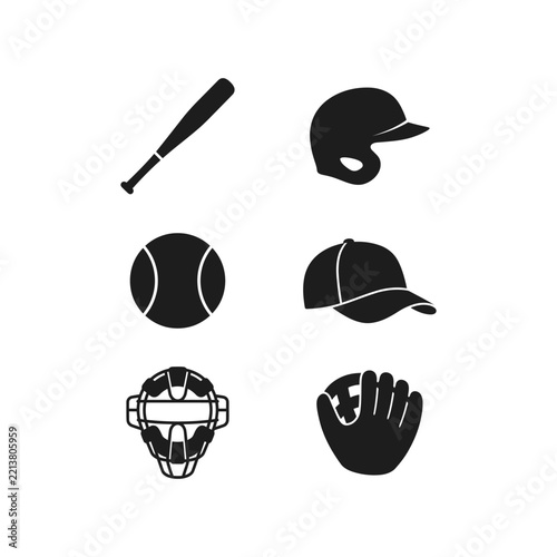 Baseball Equipment Icon Set Bat Ball Glove Helmet Silhouette Vector