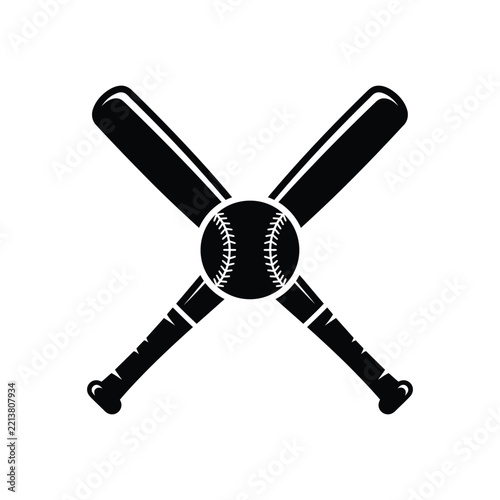 Crossed Baseball Bats with Ball Silhouette Black Vector Sports Icon