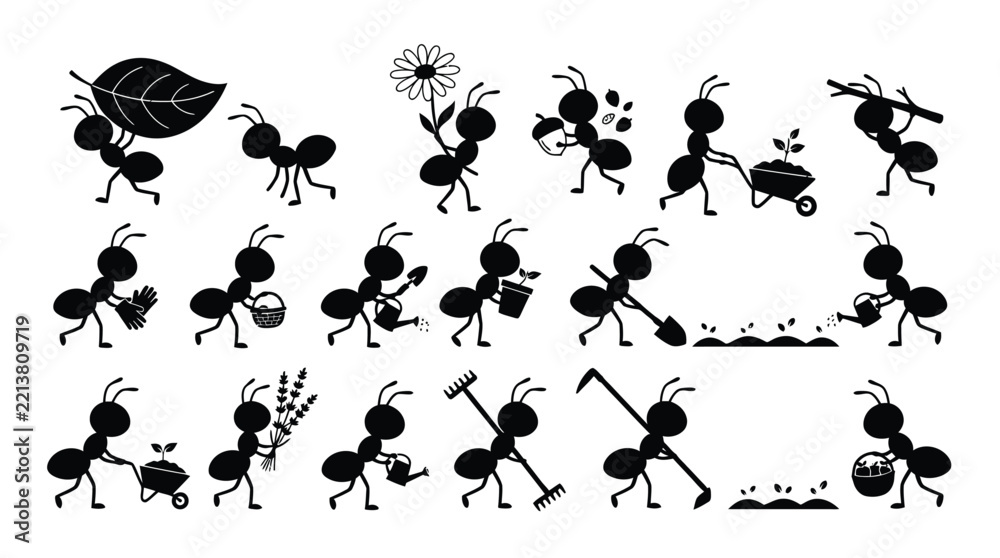 Fototapeta premium Ants-Carrying Gardening Items, Tiny Insect Garden Silhouette Collection