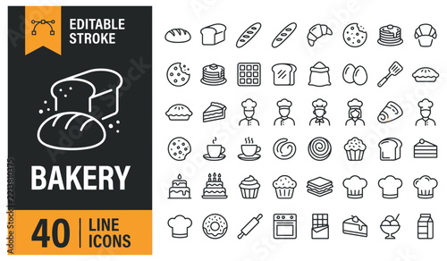 Minimalist bakery line icons featuring 40 essential bread types and baking accessories for branding and mobile application design.
