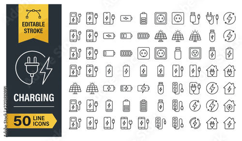 Power charging and battery status line icon set with fifty minimalist black symbols for energy and electrical supply design.