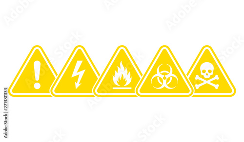Yellow triangle warning sign set with hazard symbols for safety and caution instructions.