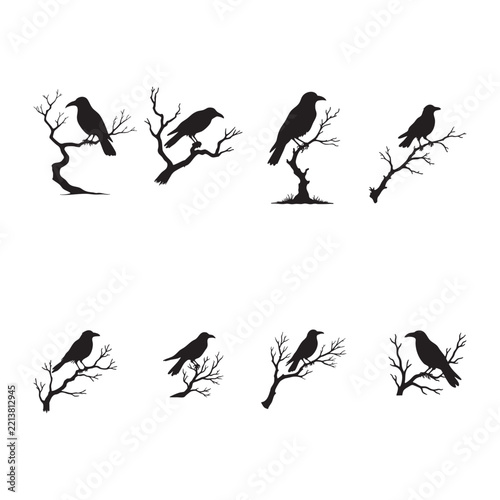 Black bird silhouettes perched on bare branches against a white background