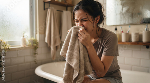 Bad Odor Concern: A woman in a bathroom grimaces as she holds a towel to her nose, expressing discomfort from a bad smell, likely a household issue or personal hygiene concern.