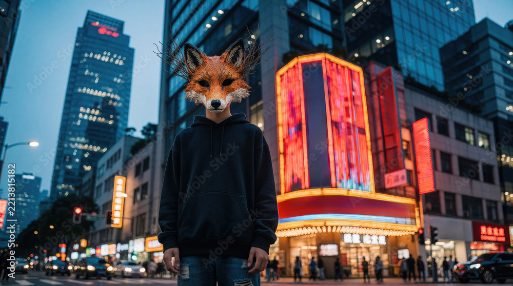 Fototapeta premium Teenager wearing handcrafted fox mask stands in busy downtown city street. Young person with animal headgear explores urban life among neon signs, tall buildings. Mysterious youth culture lifestyle