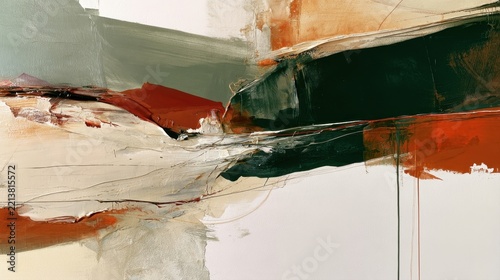 Modern abstract oil painting texture with expressive brushstrokes in rust red, dark green, cream, and beige tones, creating dynamic contemporary fine art composition for elegant interior design