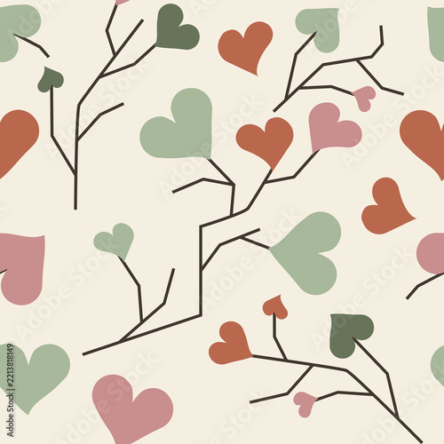 seamless pattern with Flat Multicolor Hearts and Branches Background, suitable for textile design, fabric, wallpaper, or packaging design