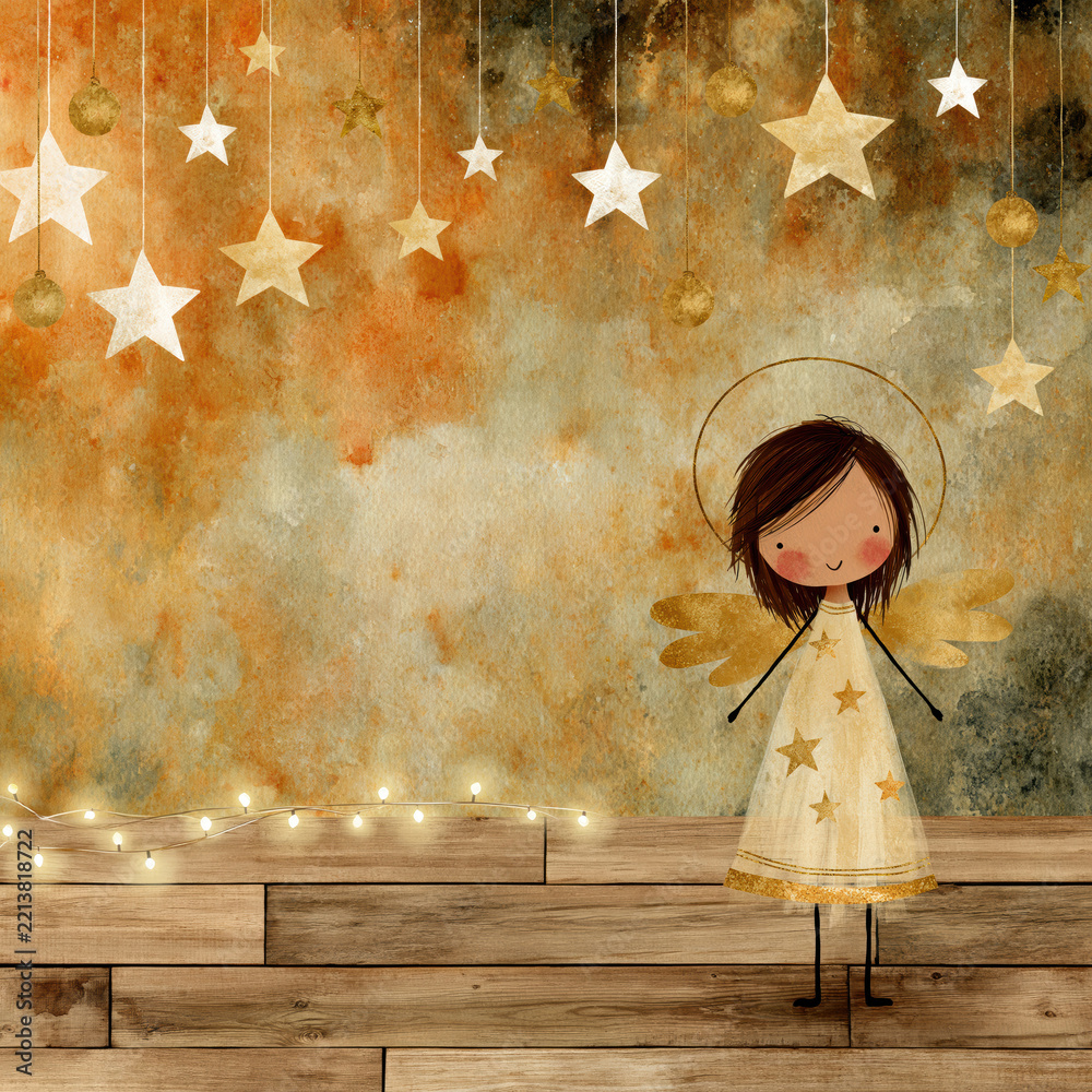 Fototapeta premium Cute Christmas Angel Watercolor Background – AI Generative
