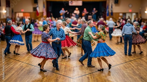 Seniors enjoying traditional square dance in community hall wooden floor with live band performing on stage