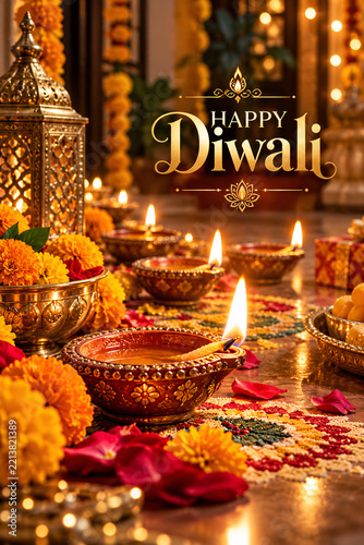 Happy Diwali Festival Poster with Traditional Oil Lamps and Festive Decoration