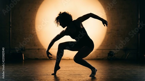 Silhouette of graceful dancer posing dynamically in front of a bright circular light inside a studio