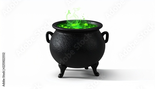 Witch Cauldron with Bubbling Green Magic Potion Isolated on White Background