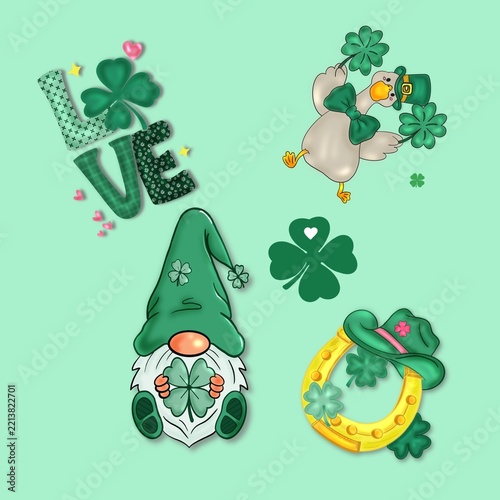 sticker pack, leprechaun, shamrocks, clovers, love, dancing duck, golden horseshoe, light green background