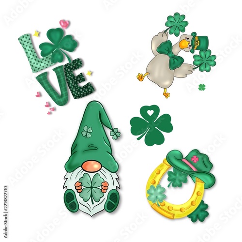 sticker pack, leprechaun, shamrocks, clovers, love, dancing duck, golden horseshoe, white background