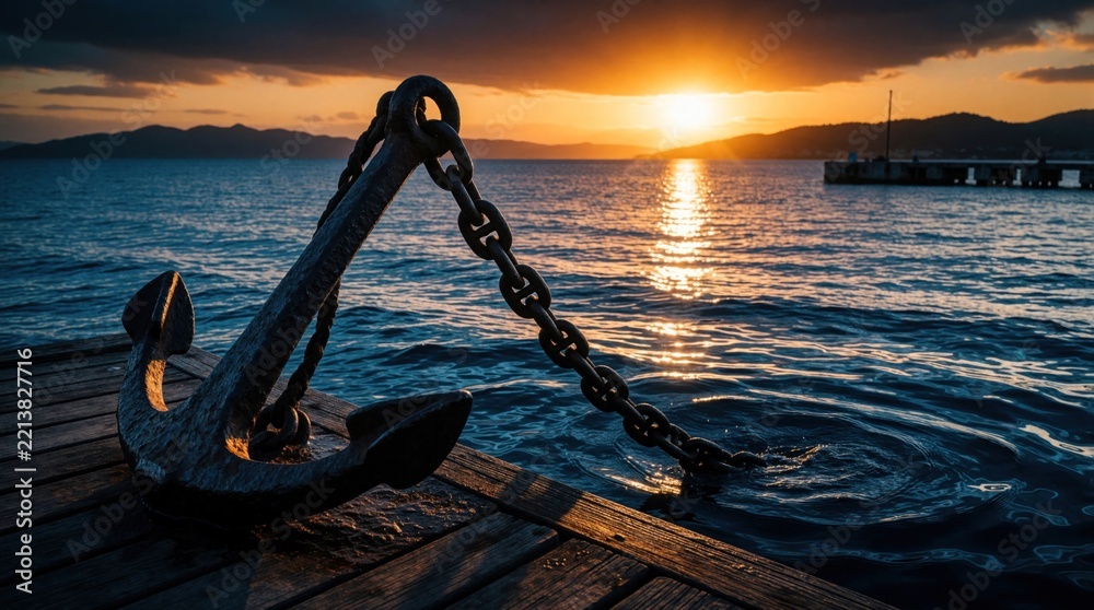 Fototapeta premium Heavy iron anchor rests on wooden pier at sunset. Metal chain goes into dark blue sea water. Golden sun light reflects on ocean waves near dock. Maritime concept for shipping, logistics nautical