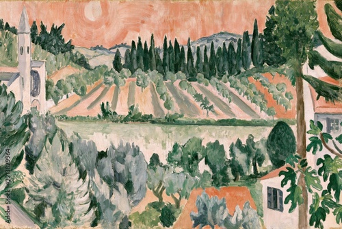 Impressionist landscape painting with village and fields