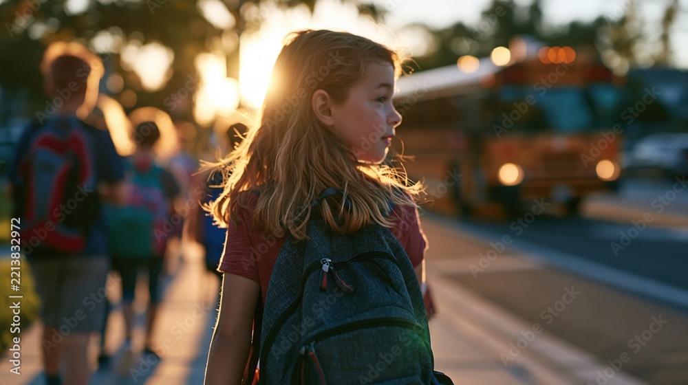 Obraz premium Children walking to school bus on sunny morning sidewalk