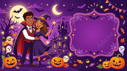 Halloween Promotional Banner Vector of Cartoon Diverse Couple with Copy Space on Purple Background