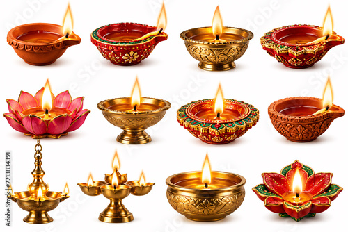 Traditional Diya Oil Lamp Icon Set for Diwali Festival