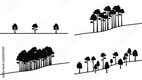 Set of black and white tree silhouettes on hilly landscapes
