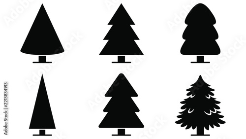 Set of six different black pine tree silhouettes on white