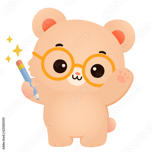Cute Teddy Bear Wearing Glasses Holding Pencil With Sparkles