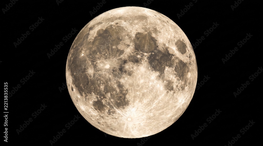 Fototapeta premium Full moon isolated on black background, detailed lunar surface photography, glowing astronomical supermoon for astronomy space background