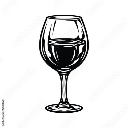 Black and white vector illustration of a single elegant wine glass filled with delicious red wine beverage Vector, illustration