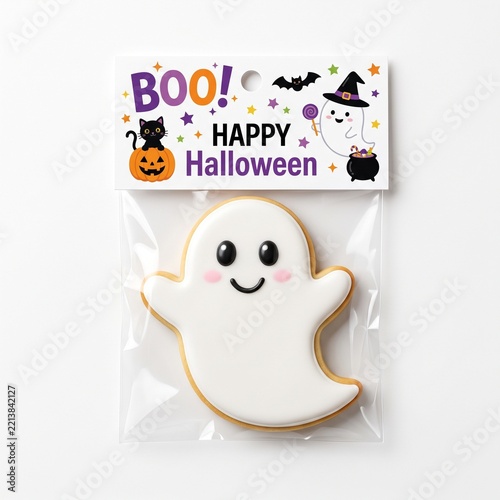Halloween Ghost Cookie in Clear Packaging with Colorful Boo Header.