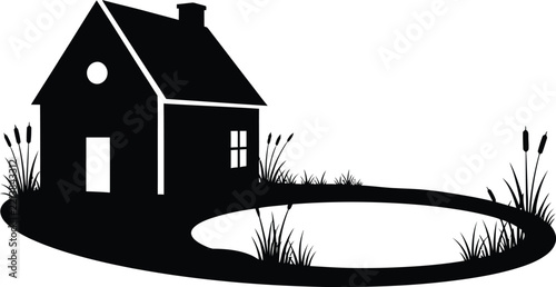 Black silhouette of a house with pond and reeds isolated on transparent background
