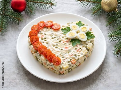 Delicious Russian olivier salad shaped like heart decorated for Christmas celebration