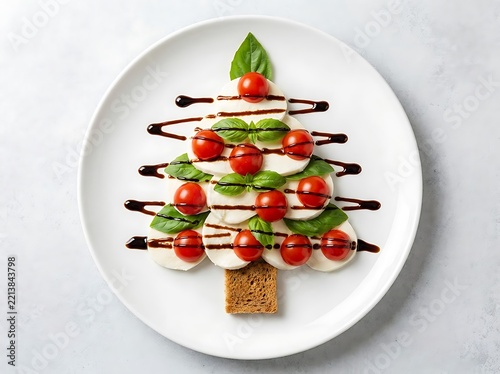 Caprese salad shaped like a Christmas tree served on a white plate