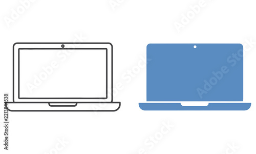 Two laptop illustrations in different styles a line drawing and a solid color