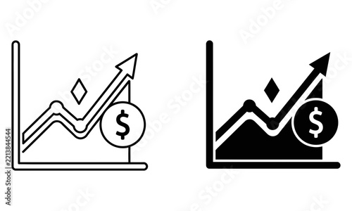 Financial growth chart with upward trend and currency symbol icon set vector