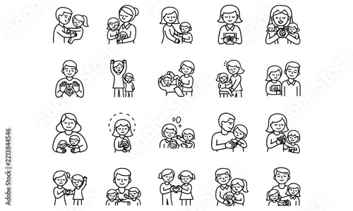 Collection of line art icons depicting mothers with children in various loving poses