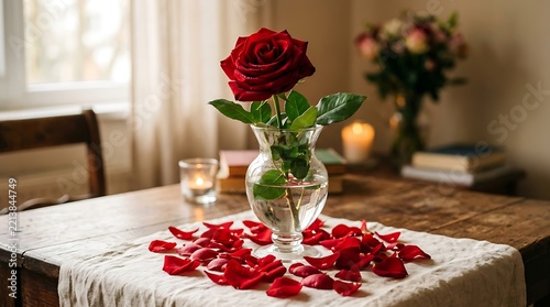 Elegant Red Rose In Glass Vase With Romantic Petals Displayed