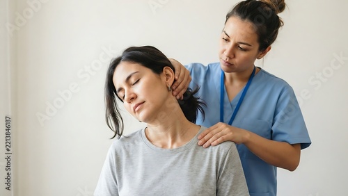 A female physical therapist in blue scrubs performs a gentle neck stretch adjustment on a young woman sitting in a bright medical office