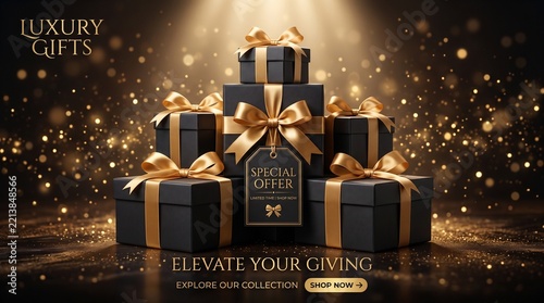 Elegant black gift boxes decorated with shiny gold ribbons and bows stacked together neatly on a dark sparkling promotional background with glowing bokeh lights